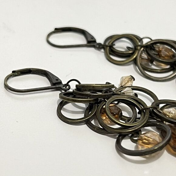 Bronze 2.5”  Dangle Tear Drop Beaded Circle Earrings Brown Metal Boho Casual - Picture 3 of 3